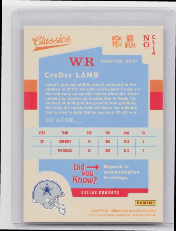 2020 Panini Chronicles Classics CeeDee Lamb #CL-14 Cowboys - Image 3