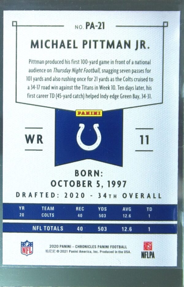 2020 Panini Chronicles Michael Pittman Jr. RC #PA-21 Colts Panini - Image 3