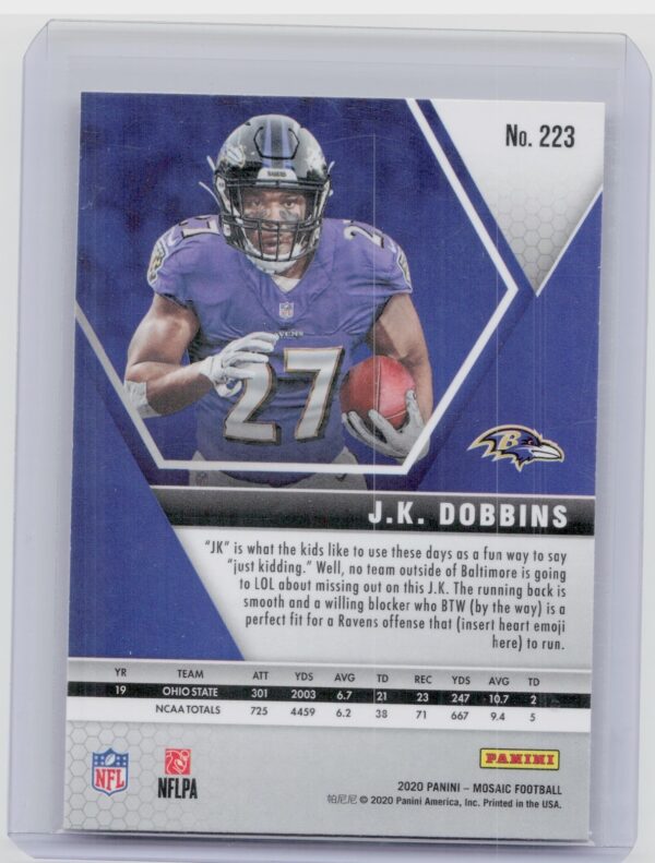 2020 Panini Mosaic J.K. Dobbins RC #223 Ravens - Image 3