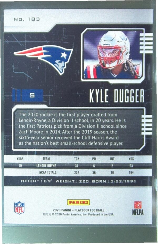2020 Panini Playbook Kyle Dugger RC #183 Patriots - Image 3