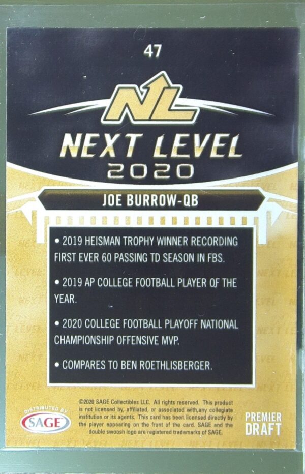 2020 SAGE HIT Next Level Joe Burrow RC #47 Tigers - Image 3