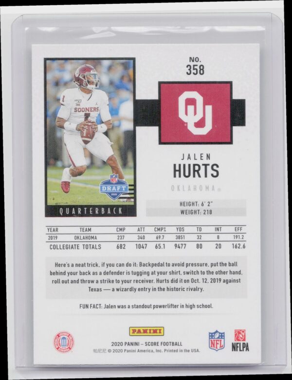2020 Score Jalen Hurts Rookie RC #358 Oklahoma Sooners - Image 3