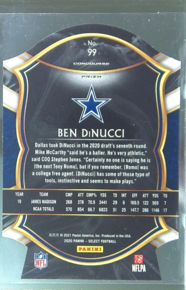 2020 Select Ben DiNucci Purple Prizm Die Cut RC #99 Cowboys - Image 3