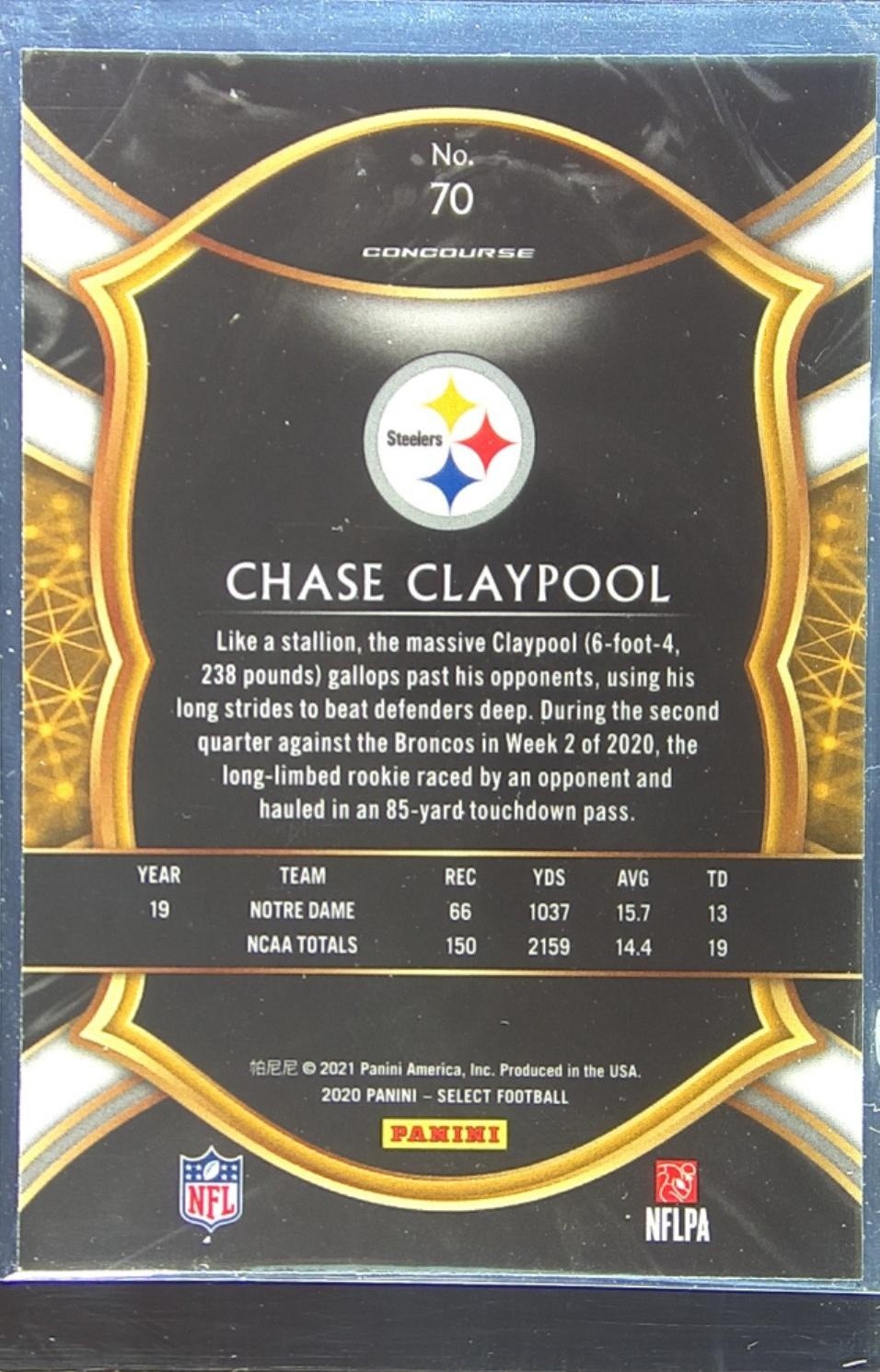 2020 Select Chase Claypool RC #70 Steelers - Image 3