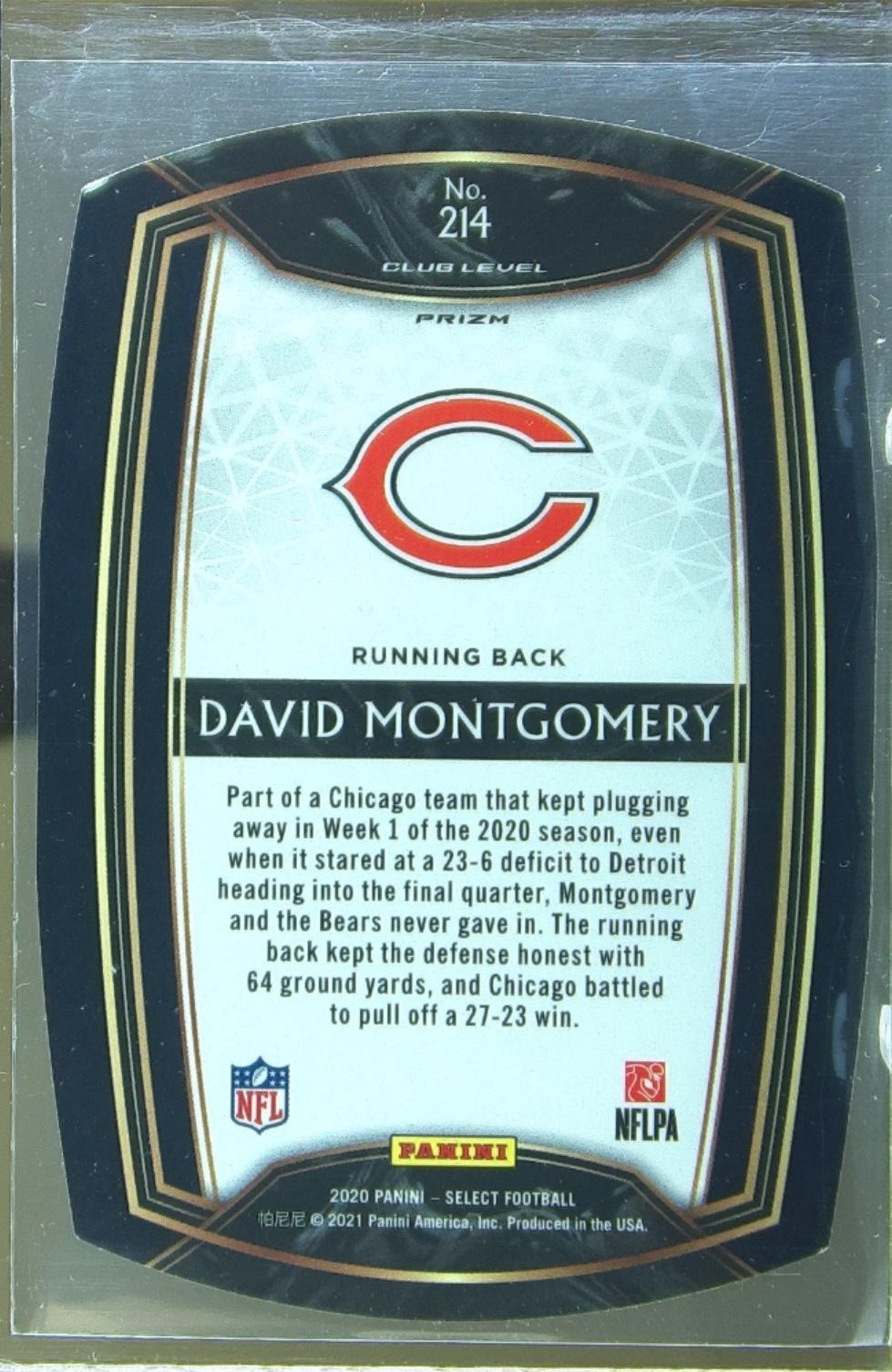 2020 Select David Montgomery Purple Prizm Die Cut #214 Bears - Image 3