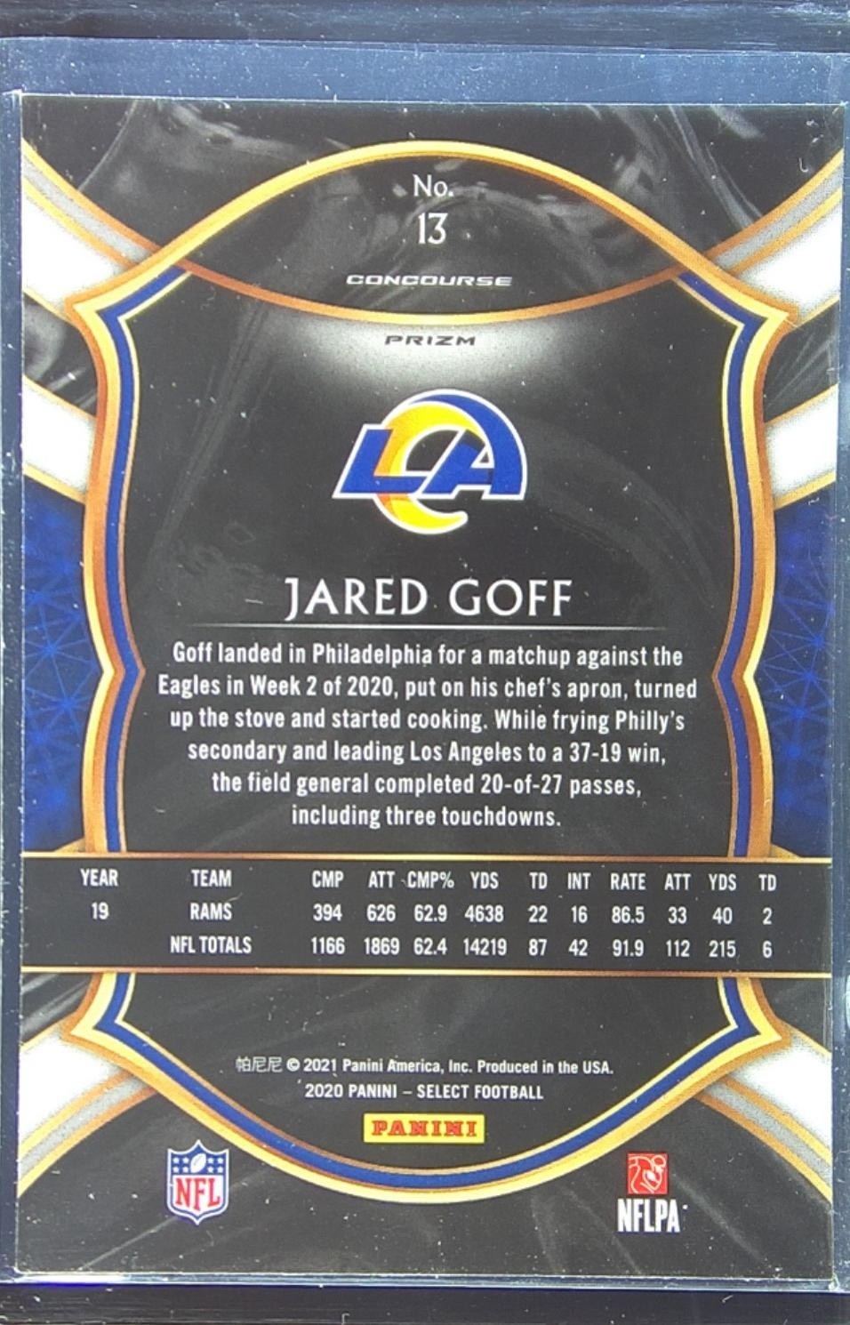 2020 Select Jared Goff Silver Prizm #13 Rams - Image 3