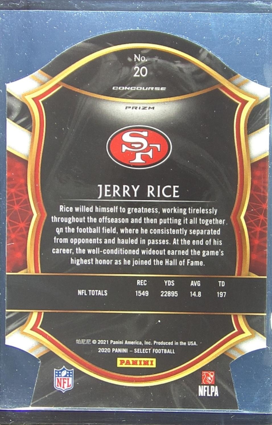 2020 Select Jerry Rice Purple Prizm Die Cut #20 49ers - Image 3
