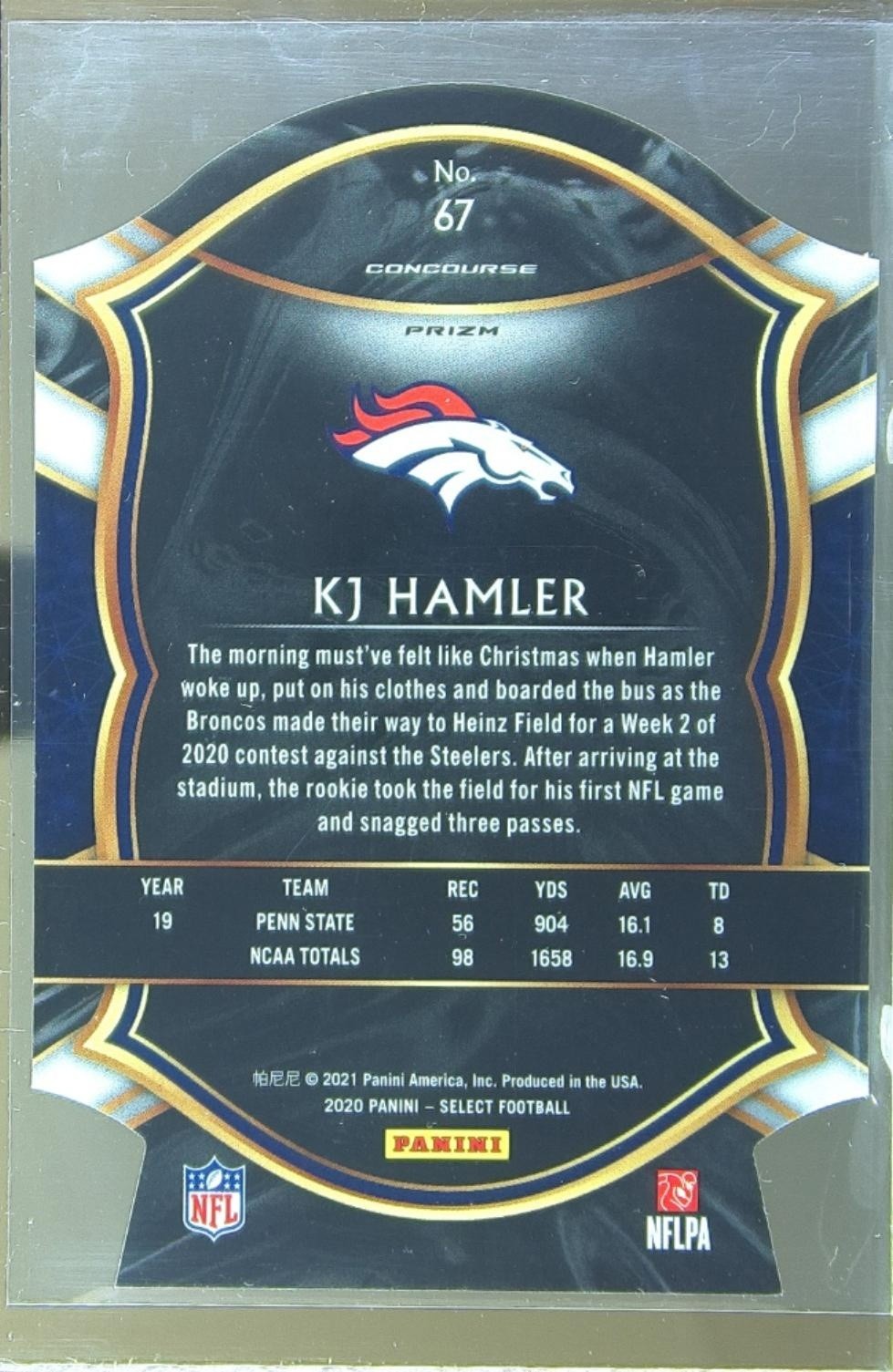2020 Select KJ Hamler White Prizm Die Cut RC #67 Broncos - Image 3
