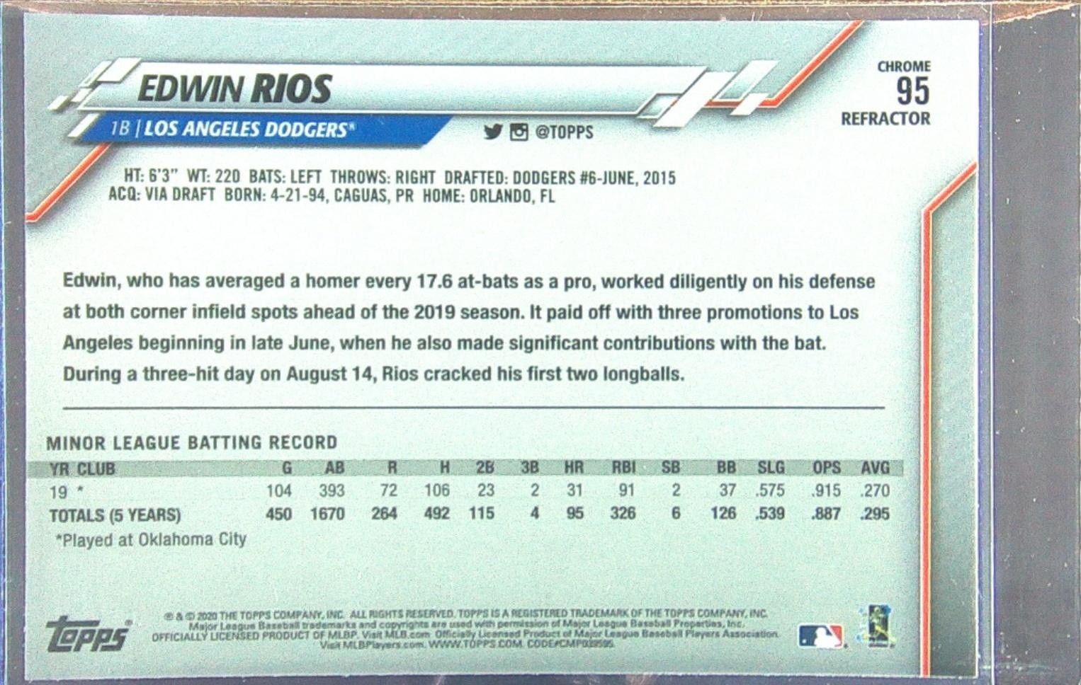 2020 Topps Chrome Edwin Rios Pink Refractor RC #95 Dodgers - Image 3