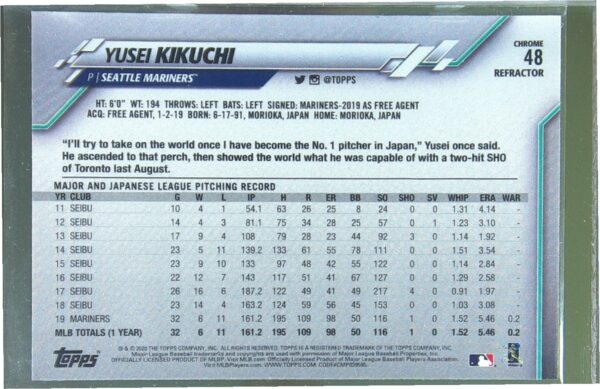 2020 Topps Chrome Yusei Kikuchi X Fractor Refractor #48 Mariners - Image 3