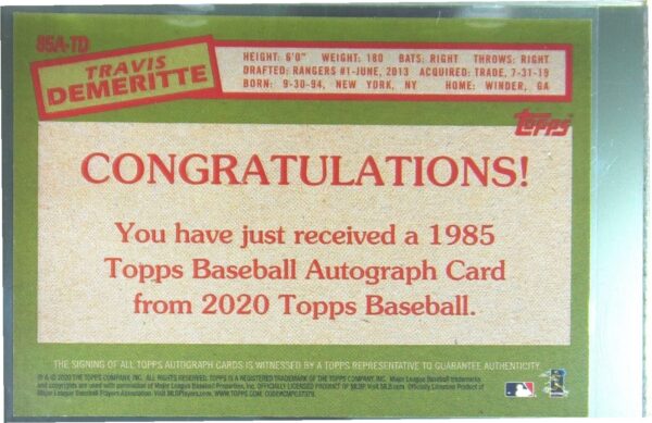 2020 Topps Travis Demeritte Auto #85A-TD Tigers 1985 Topps 35th Anniversary - Image 3