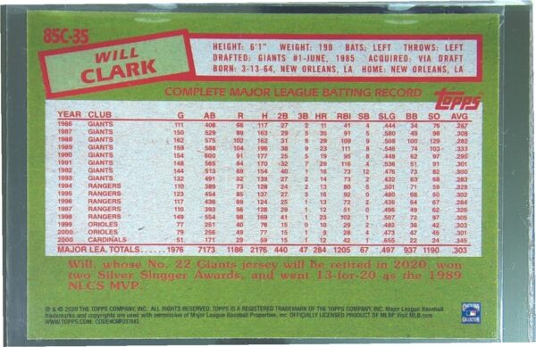 2020 Topps Will Clark #85C-35 Giants 1985 35th Anniversary Chrome (Series One) - Image 3