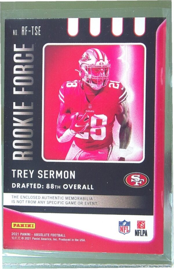 2021 Absolute Trey Sermon JSY RC #RF-TSE 49ers Rookie Force - Image 3
