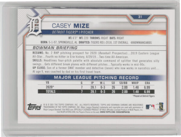 2021 Bowman Casey Mize RC #31 Tigers - Image 3