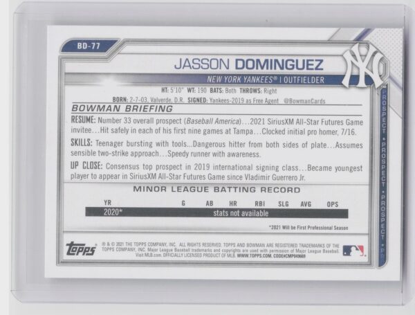 2021 Bowman Draft Jasson Domínguez #BD-77 Yankees - Image 3