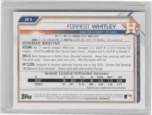 2021 Bowman Forrest Whitley #BP-9 Astros Prospects - Image 3