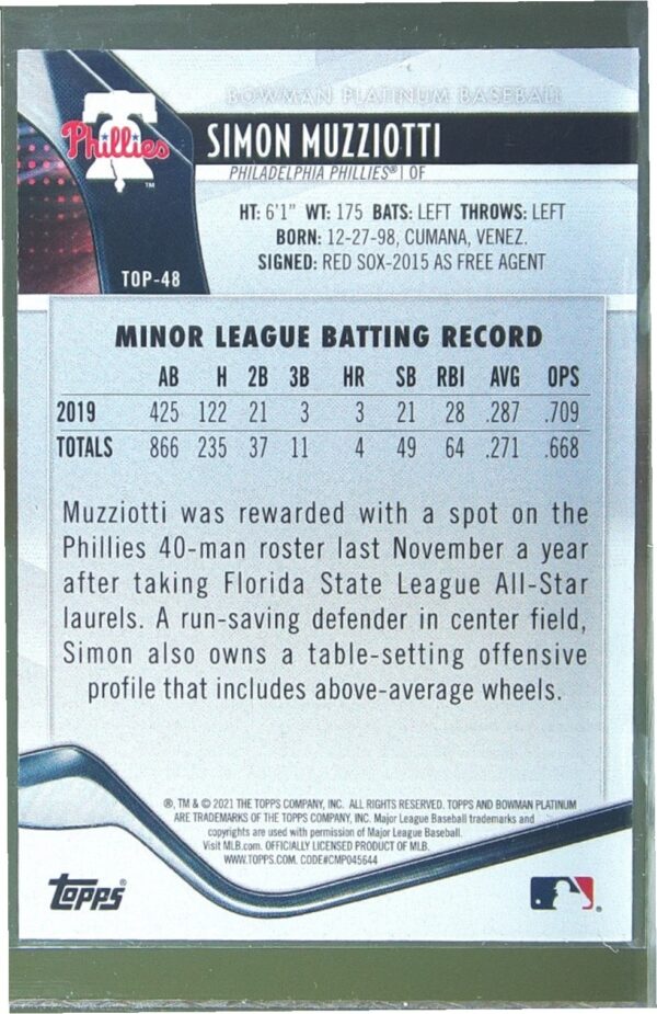 2021 Bowman Platinum Simon Muzziotti /250 #TOP-48 Top Prospects Aqua Ice - Image 3