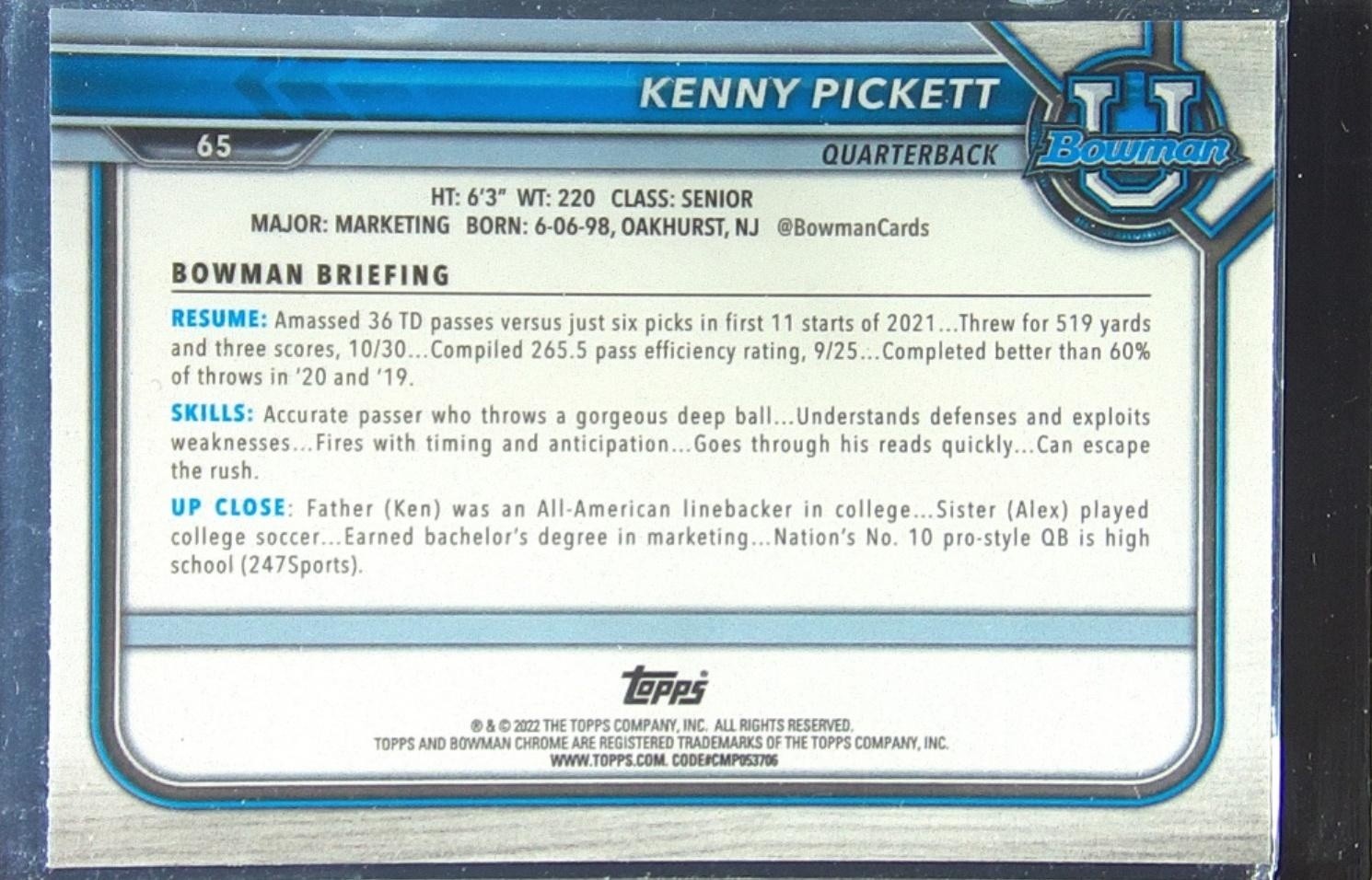 2021 Bowman University Kenny Pickett Chrome Pink #65 Panthers First Bowman - Image 3