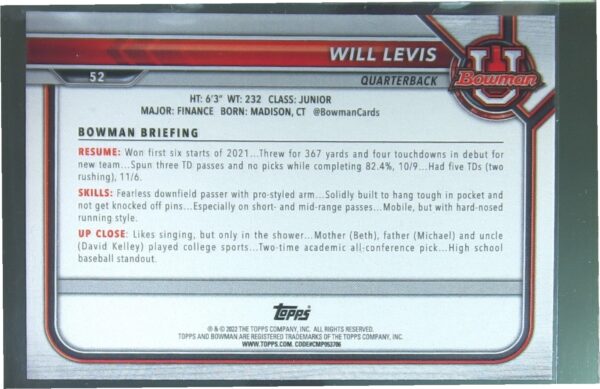 2021 Bowman University Will Levis RC #52 Wildcats - Image 3