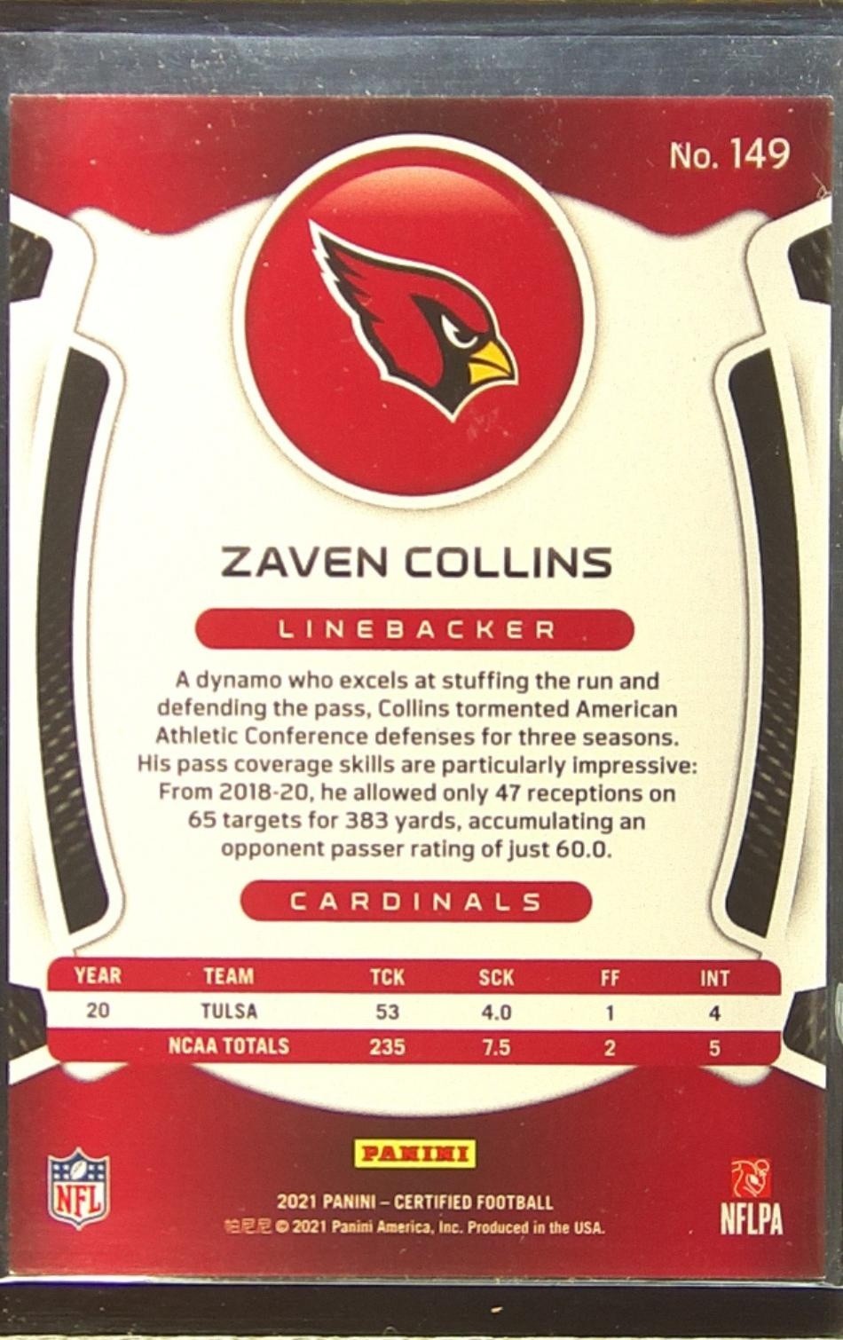 2021 Certified Zaven Collins RC /399 #149 Cardinals - Image 3