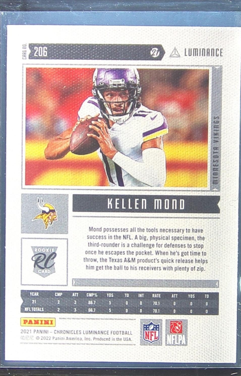 2021 Chronicles Kellen Mond #206 Vikings Luminance Update Rookies - Image 3