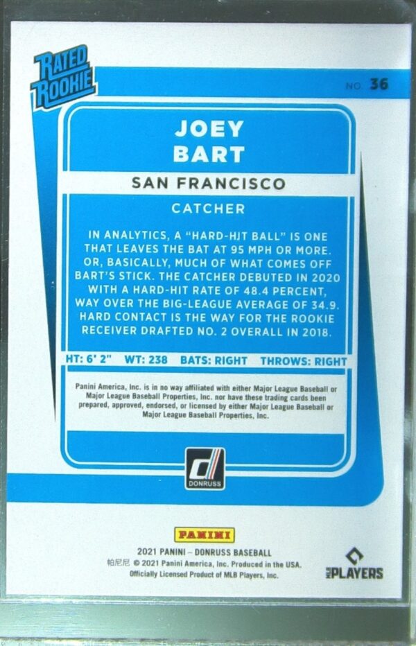 2021 Donruss Joey Bart RC #36 Giants - Image 3
