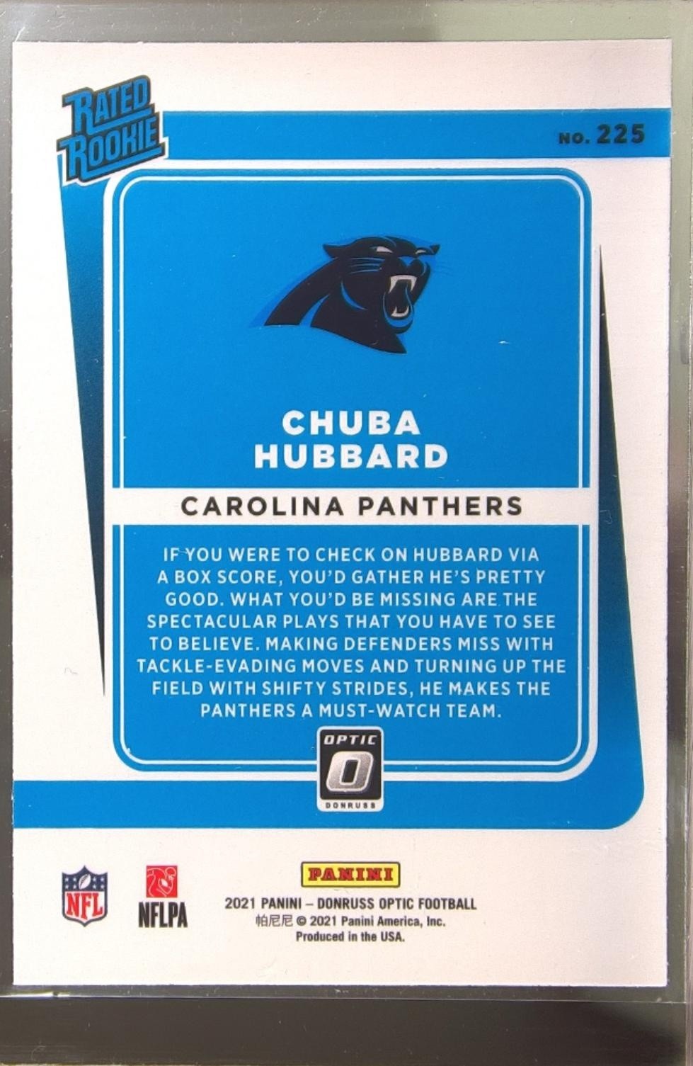 2021 Donruss Optic Chuba Hubbard RC #225 Panthers - Image 3