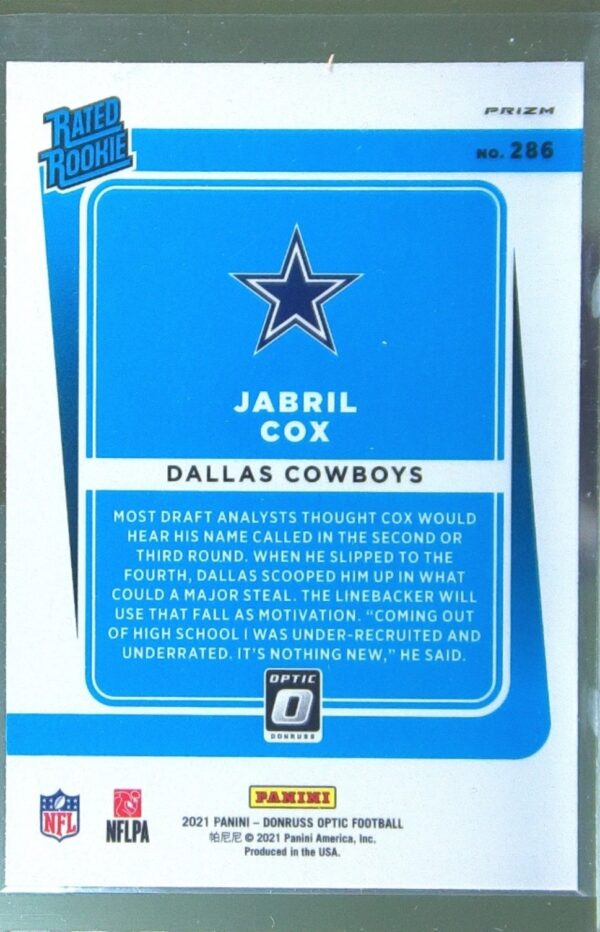 2021 Donruss Optic Jabril Cox Holo RC #286 Cowboys - Image 3
