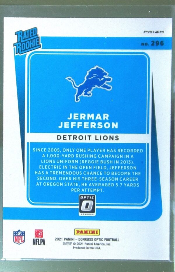 2021 Donruss Optic Jermar Jefferson Blue Scope RC #296 Lions - Image 3