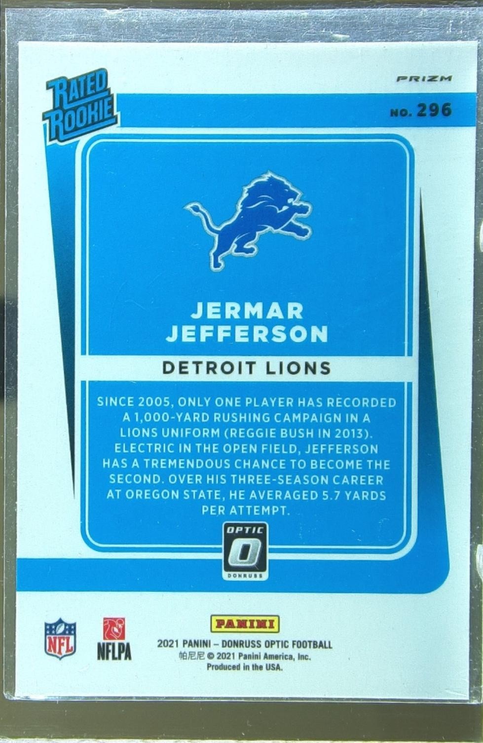 2021 Donruss Optic Jermar Jefferson Holo RC #296 Lions - Image 3