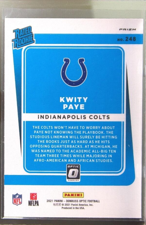 2021 Donruss Optic Kwity Paye Green Velocity RC #248 Colts - Image 3