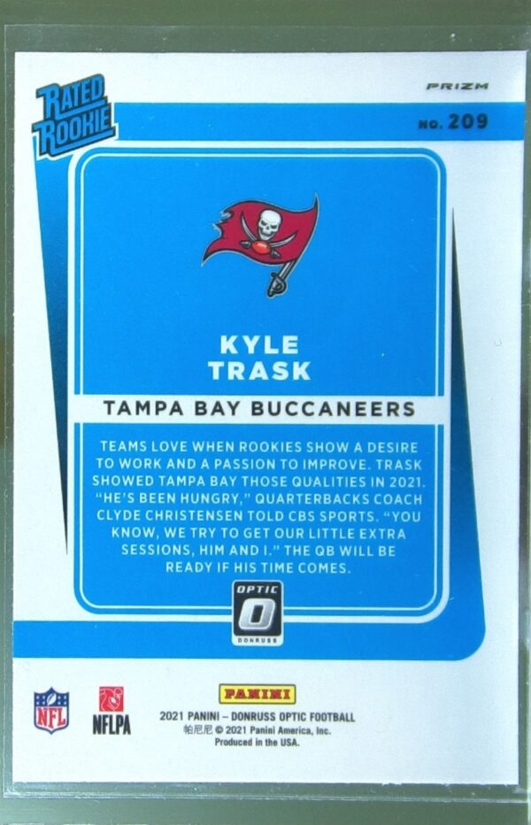 2021 Donruss Optic Kyle Trask Purple Shock RC #209 Buccaneers - Image 3