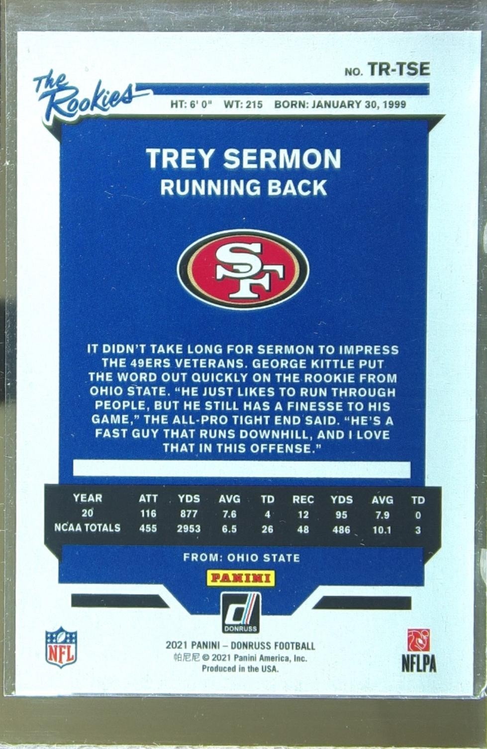 2021 Donruss Trey Sermon #TR-TSE 49ers The Rookies - Image 3