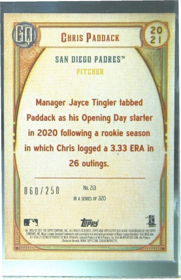 2021 Gypsy Queen Chris Paddack Indigo /250 #213 Padres - Image 3