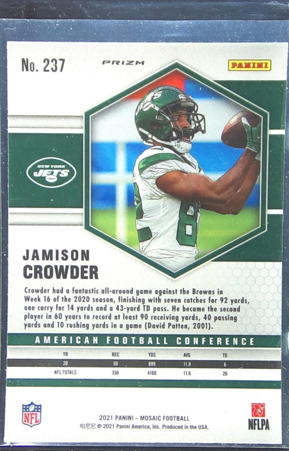 2021 Mosaic Jamison Crowder Prizm Green #237 Jets - Image 3
