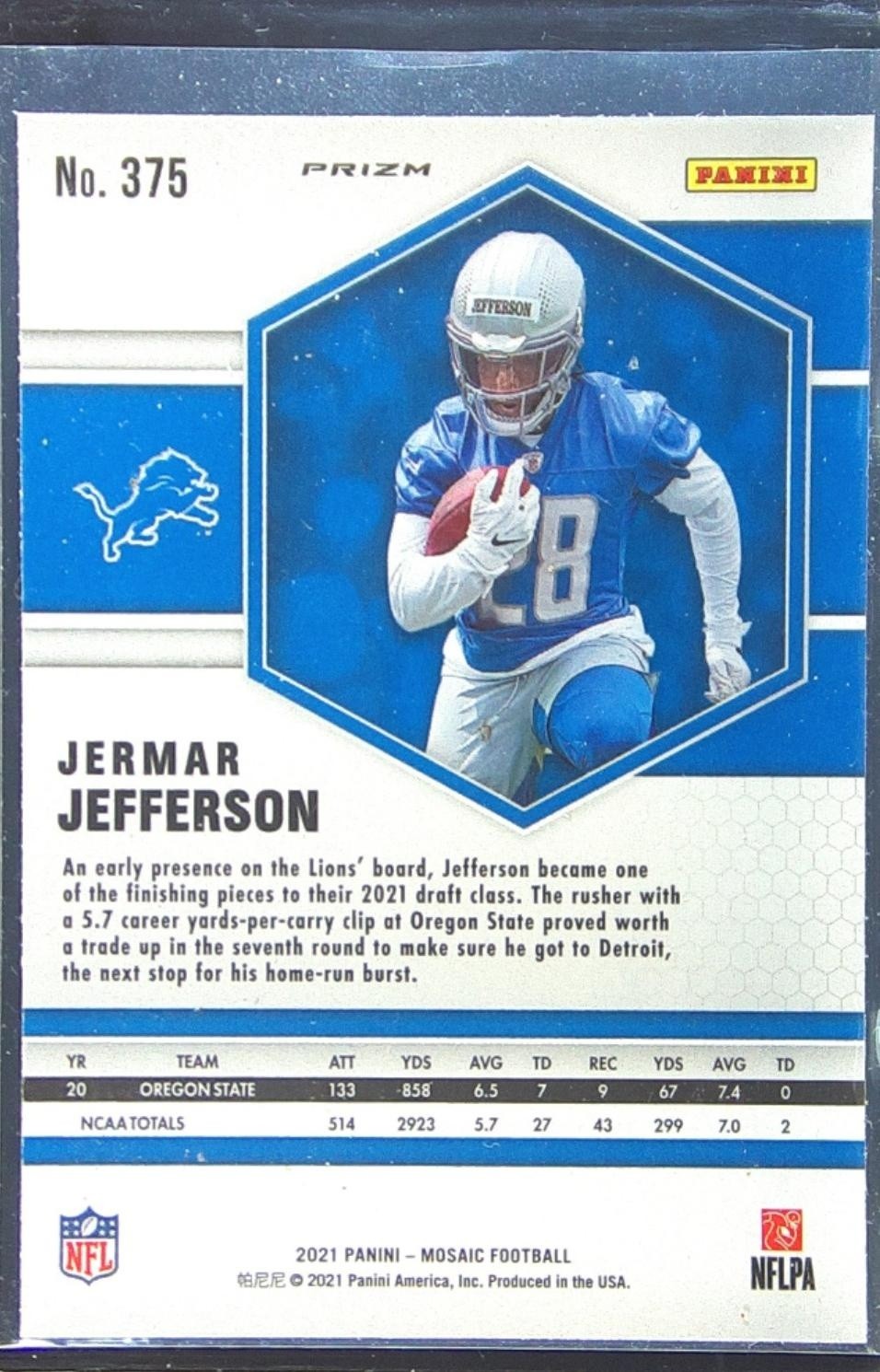 2021 Mosaic Jermar Jefferson Prizm Green RC #375 Lions - Image 3