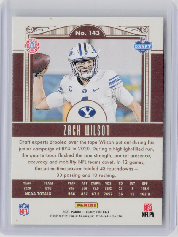 2021 Panini Legacy Zach Wilson RC #143 Cougars - Image 3