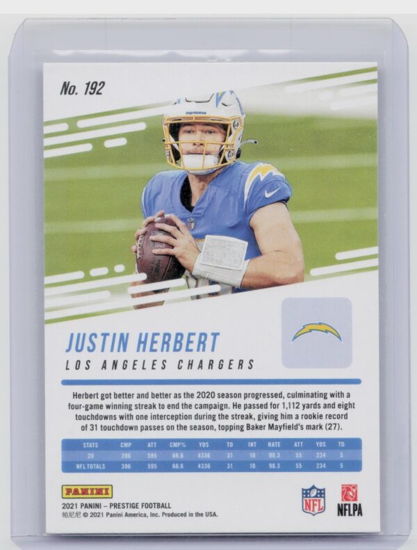 2021 Panini Prestige Justin Herbert Xtra Points Astral #192 Chargers - Image 3