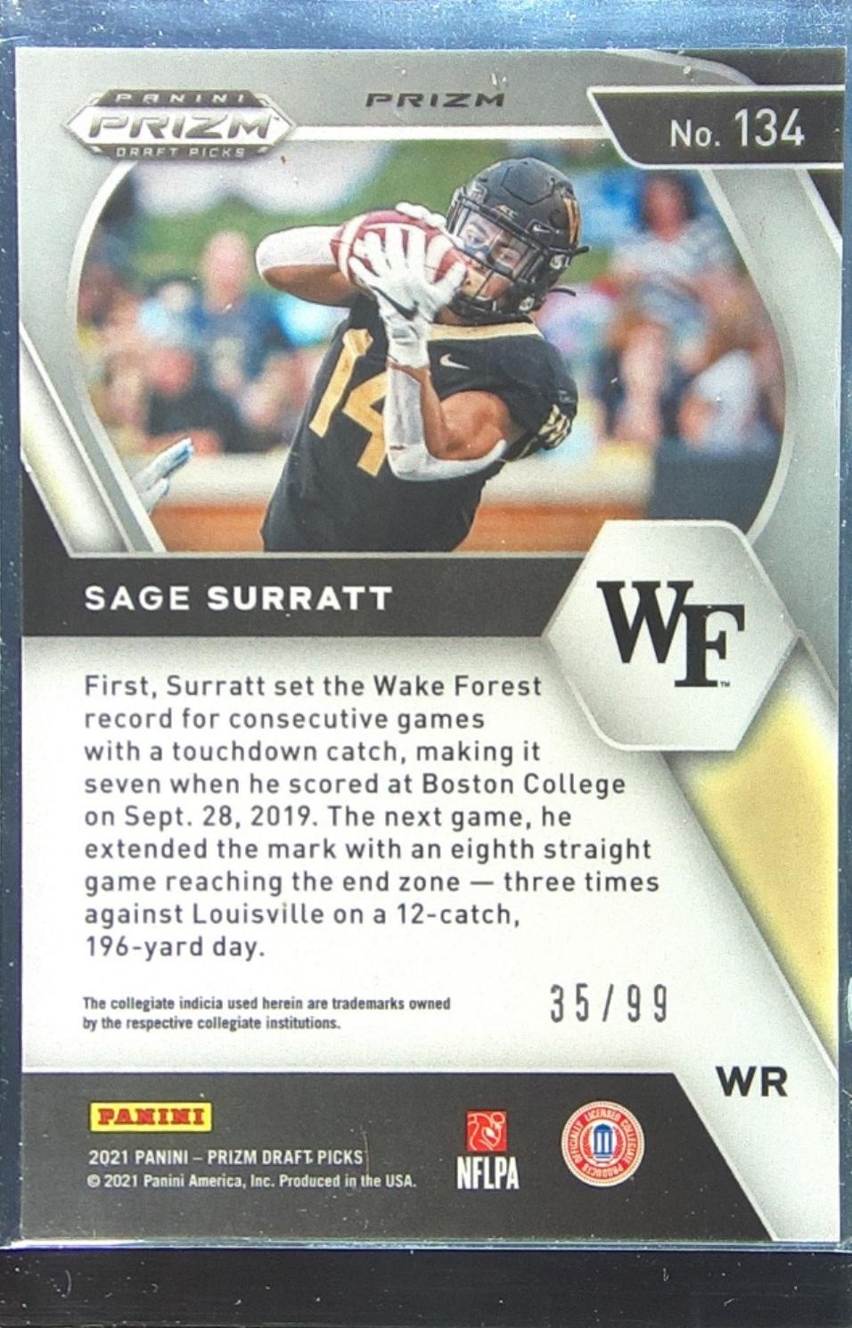 2021 Prizm Draft Picks Sage Surratt Blue Ice /99 RC #134 Deacons - Image 3