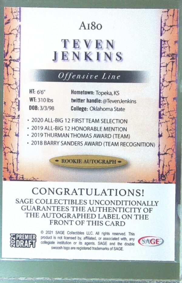 2021 SAGE Premier Draft Teven Jenkins Auto #A180 Cowboys Autographs Black - Image 3