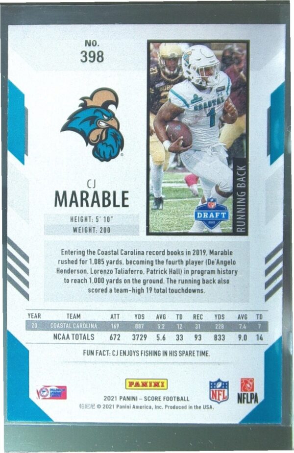 2021 Score CJ Marable RC #398 Chanticleers - Image 3