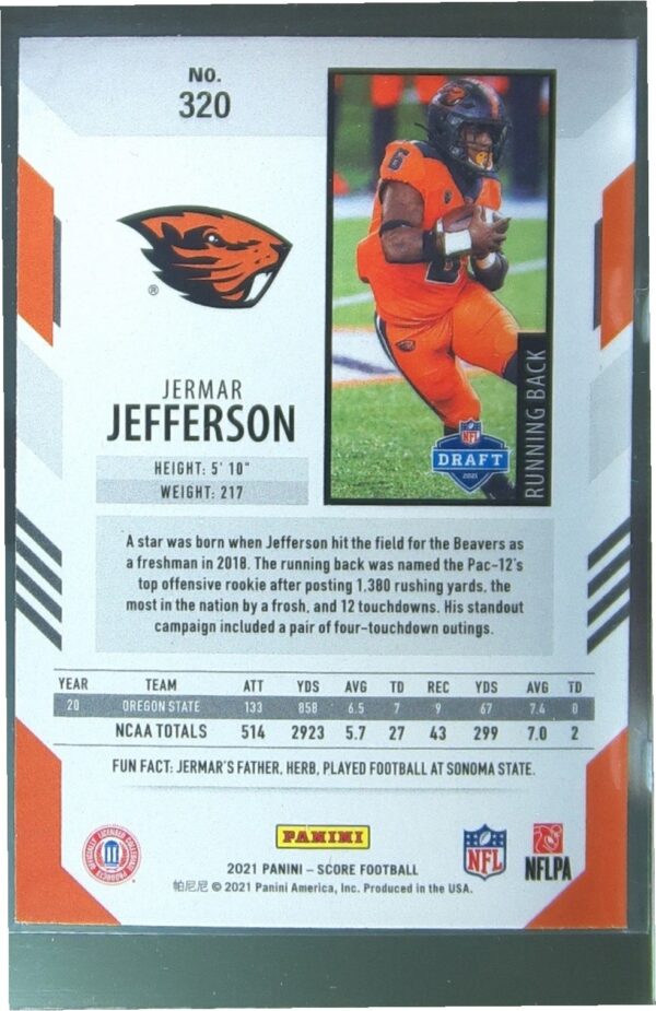 2021 Score Jermar Jefferson RC #320 Beavers - Image 3