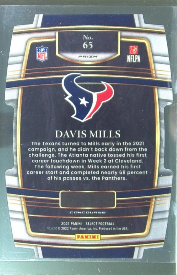 2021 Select Davis Mills Silver Prizm Die Cut RC #65 Texans - Image 3