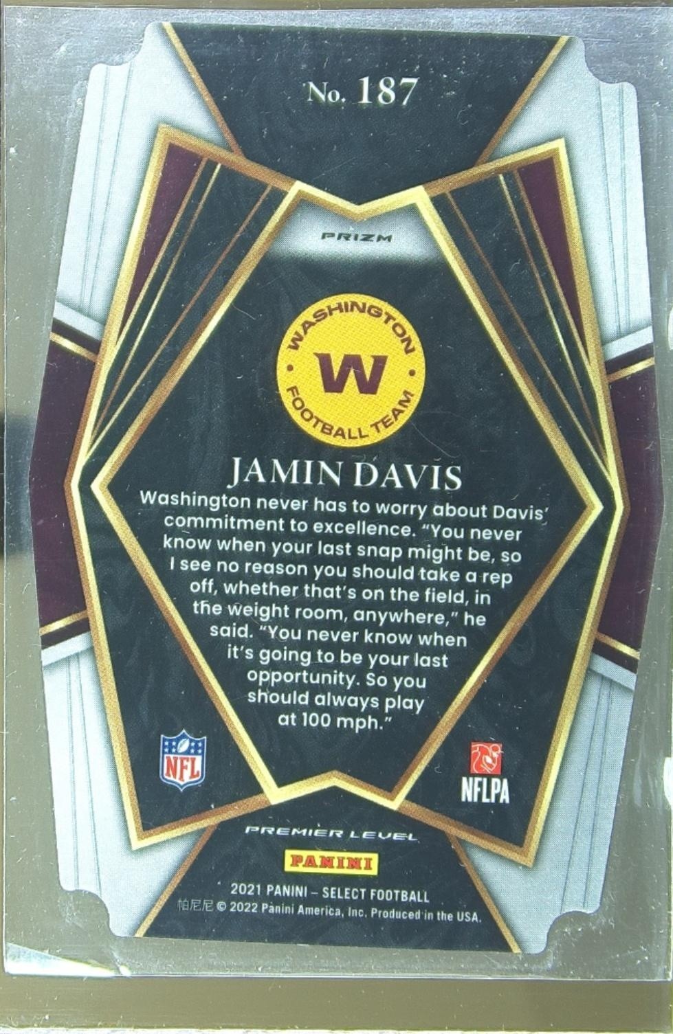 2021 Select Jamin Davis Black and Gold Prizm Die Cut RC #187 Team - Image 3