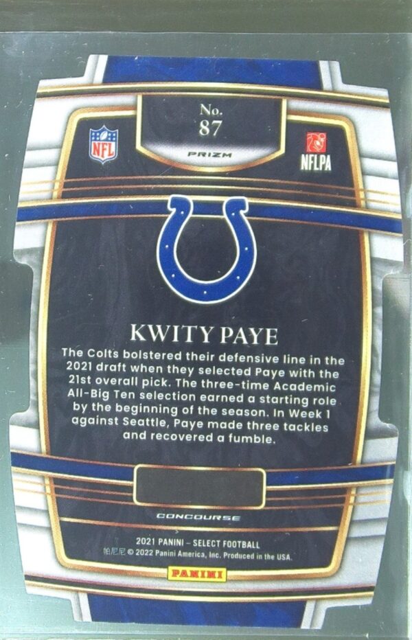 2021 Select Kwity Paye Silver Prizm Die Cut RC #87 Colts - Image 3
