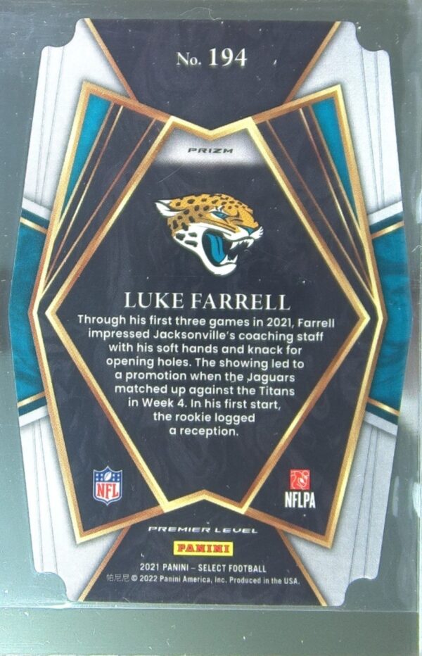 2021 Select Luke Farrell Silver Prizm Die Cut RC #194 Jaguars - Image 3