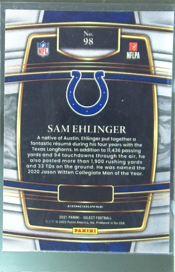 2021 Select Sam Ehlinger RC #98 Colts - Image 3