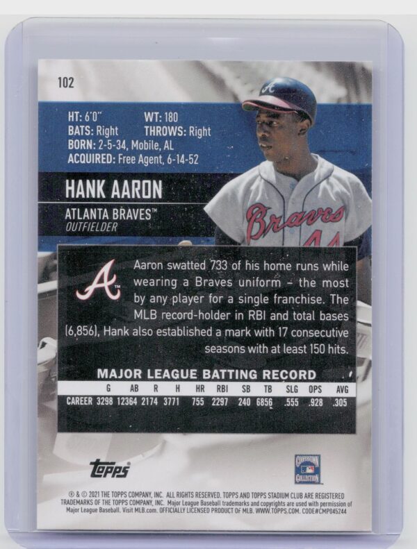 2021 Stadium Club Hank Aaron #102 Braves - Image 3