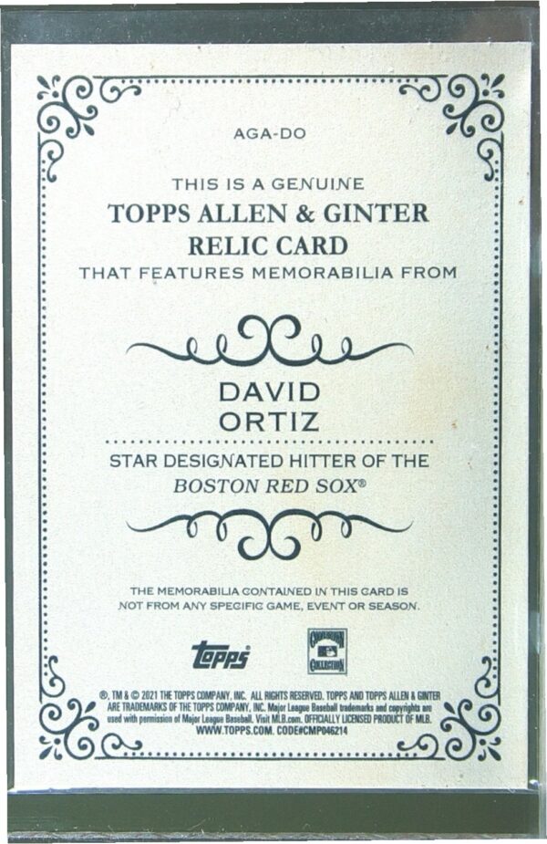 2021 Topps Allen & Ginter David Ortiz JSY #AGA-DO Sox Full Size Relics A - Image 3