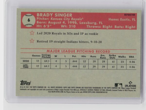 2021 Topps Chrome Platinum Anniversary Brady Singer Prism Refractor #6 Royals - Image 3